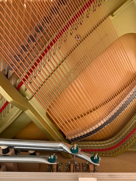 Yamaha, U3S, soundboard, iron frame and strings inside the piano