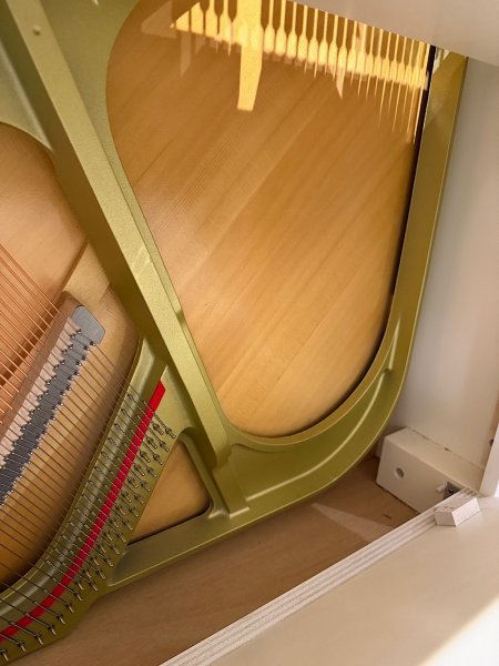 Yamaha, U3S, lower soundboard and iron frame inside the piano