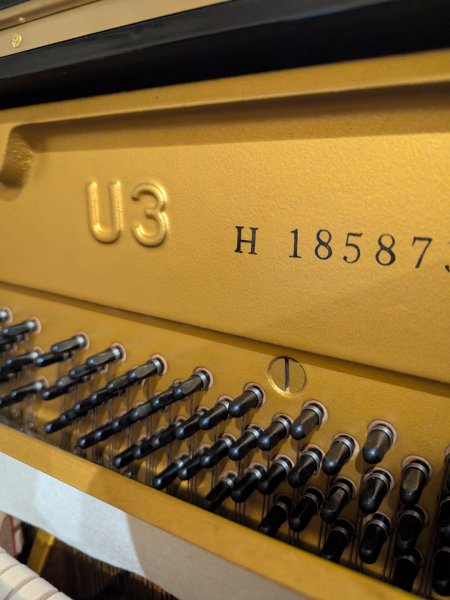 Yamaha, U3, 18587xx, model mark and serial number stamped inside the piano
